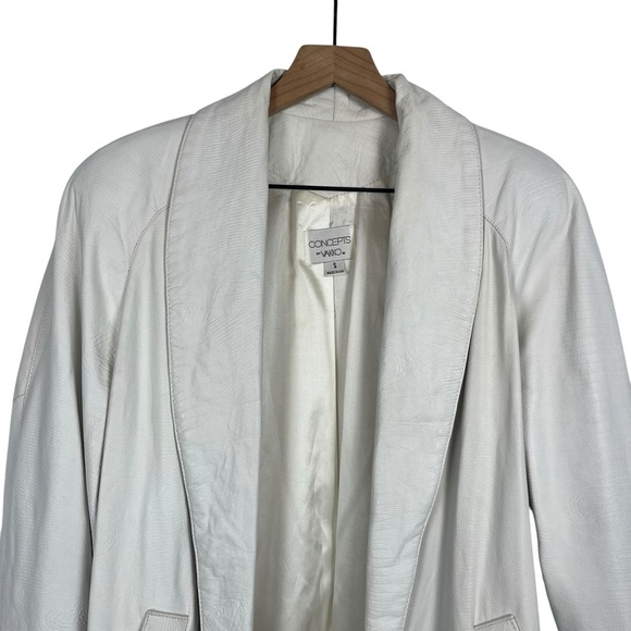 VTG 80s VAKKO Womens Embossed Leather Coat White Open Front Small Oversized - Picture 5 of 14